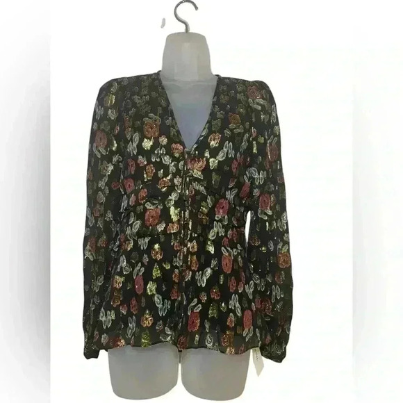 Veronica Beard Joyce Metallic Floral Silk Blend Blouse Black Gold Size XS - Picture 2 of 6